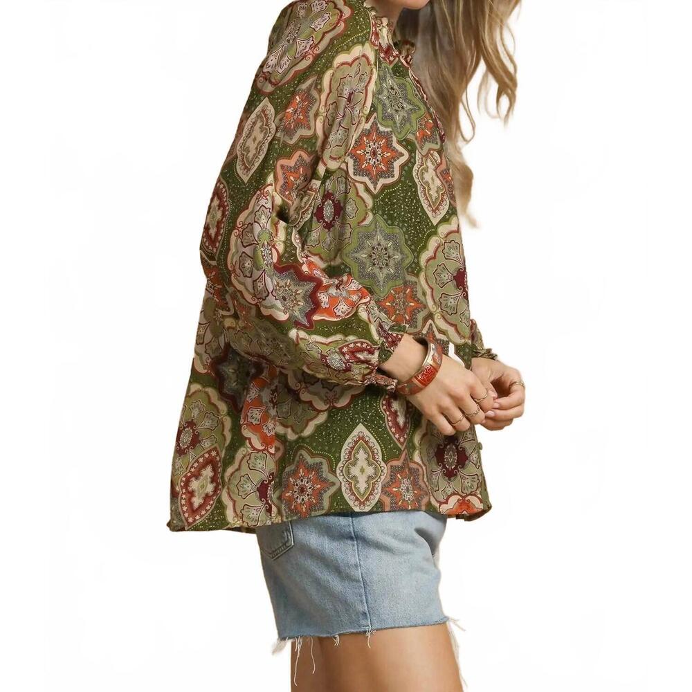 NEW UMGEE boho mosaic button down blouse in olive mix - Picture 4 of 5
